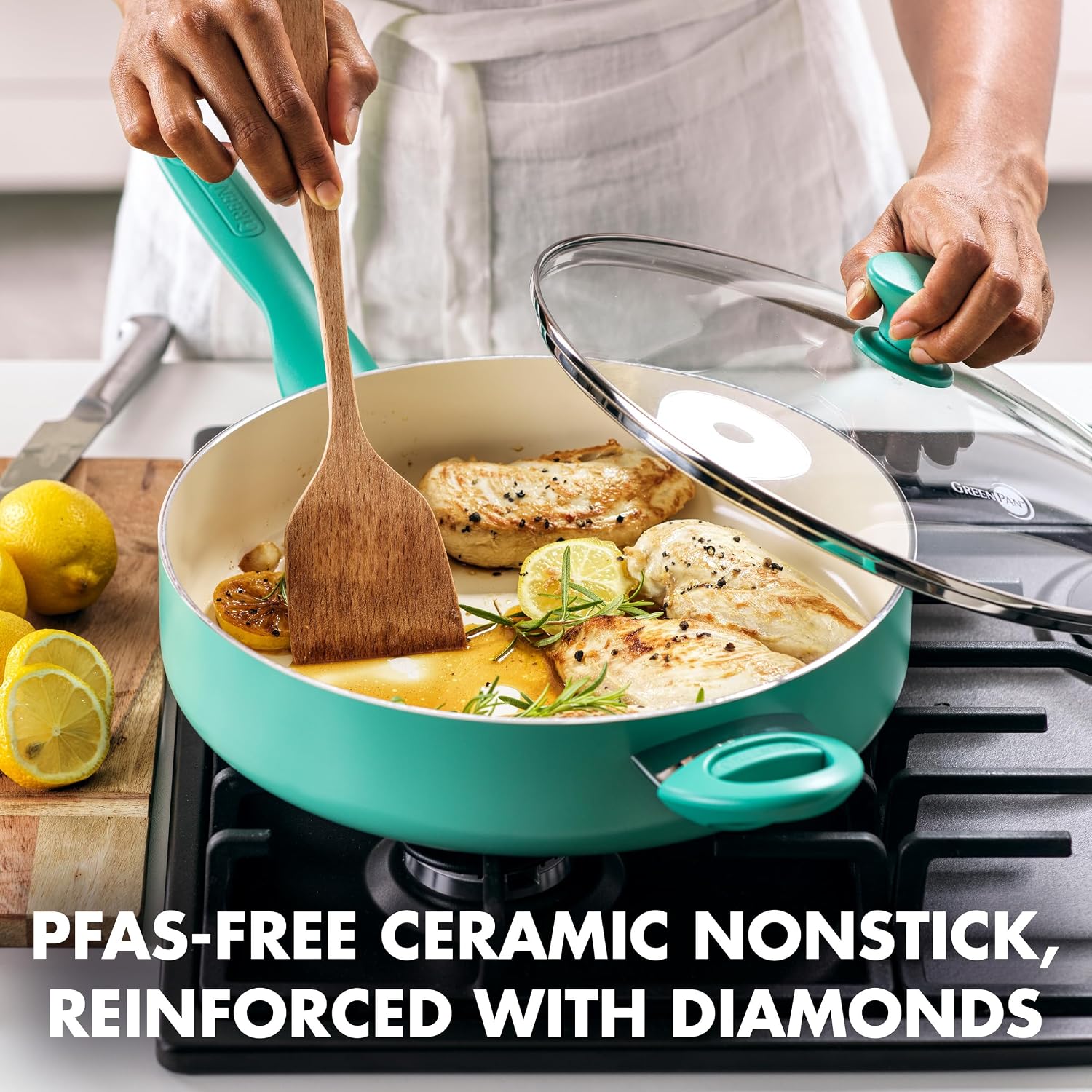 GreenPan Rio 5QT Saute Pan and Lid, PFAS-Free Ceramic Nonstick, Turquoise