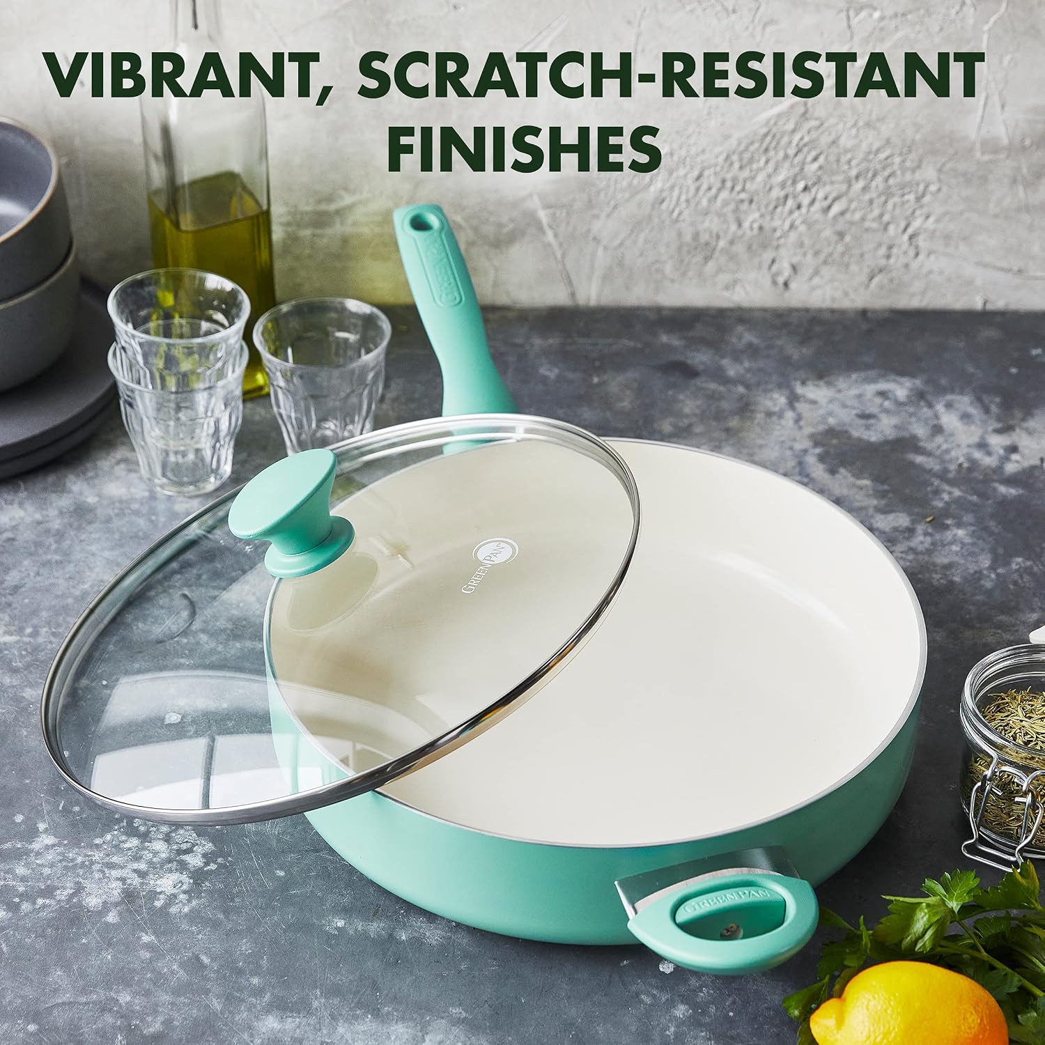 GreenPan Rio 5QT Saute Pan and Lid, PFAS-Free Ceramic Nonstick, Turquoise