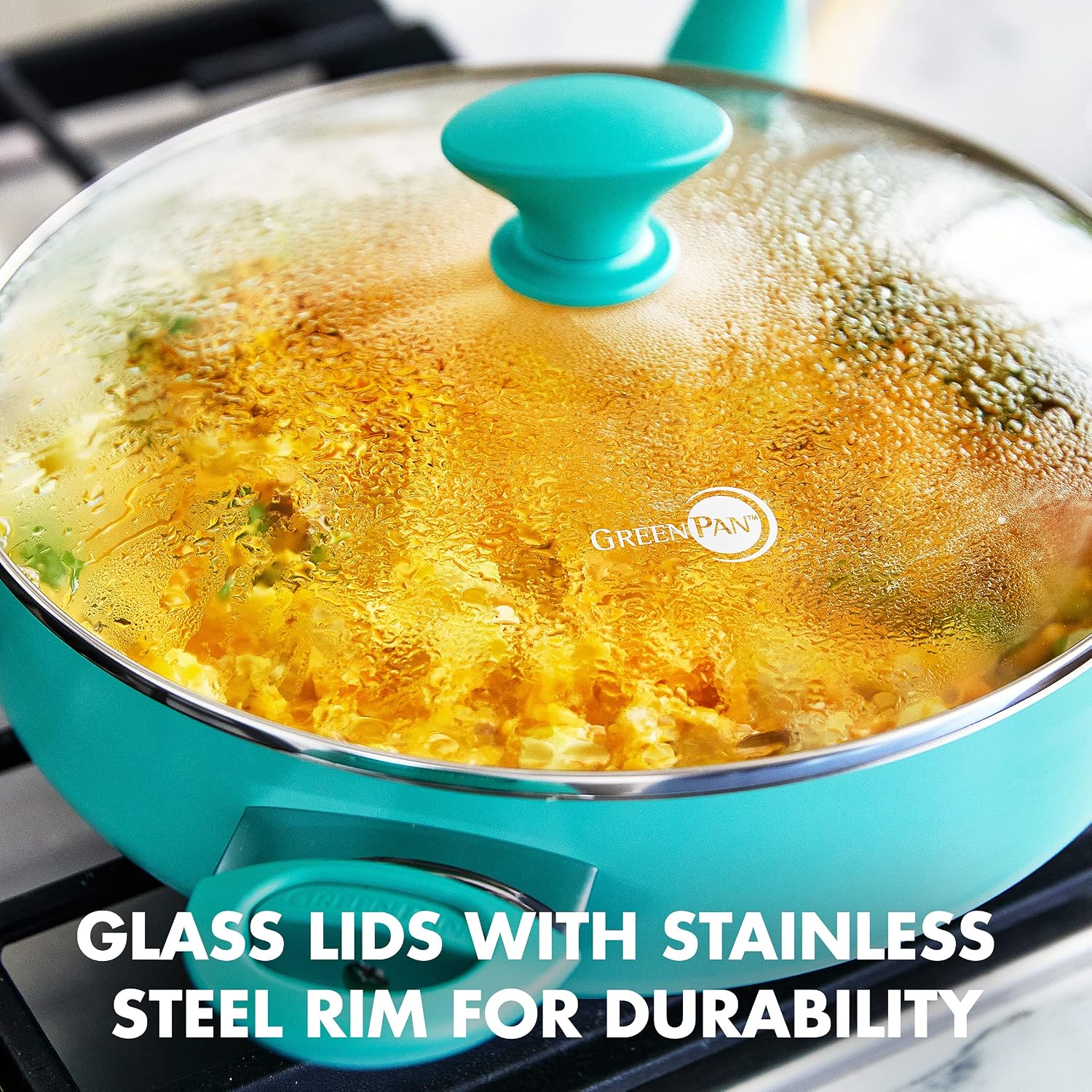 GreenPan Rio 5QT Saute Pan and Lid, PFAS-Free Ceramic Nonstick, Turquoise