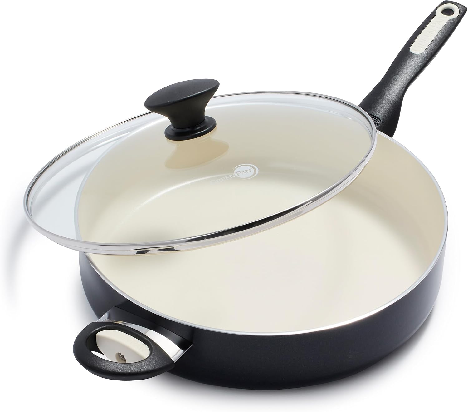 GreenPan Rio 5QT Saute Pan Jumbo Cooker with Helper Handle and Lid, PFAS-Free Ceramic Nonstick, Black