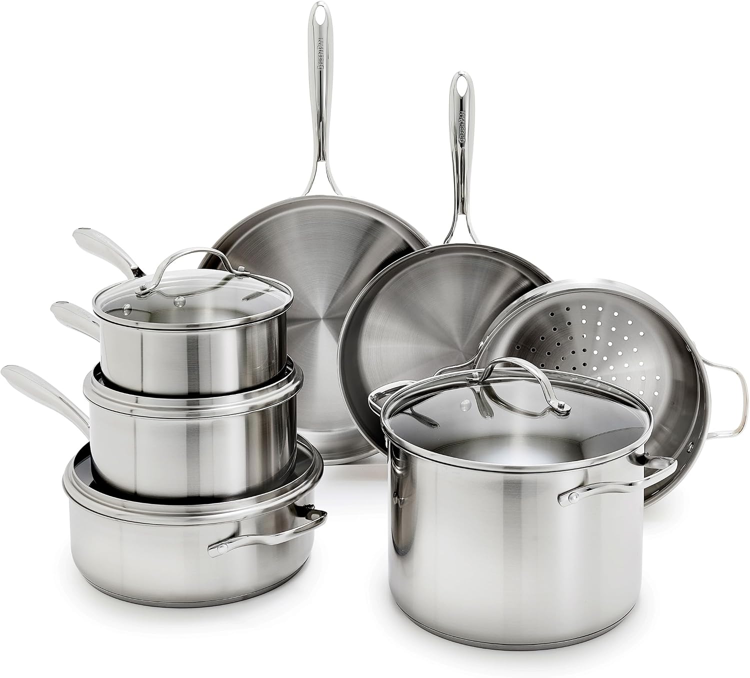 GreenPan Stainless Steel Cookware Set, 11 Piece Pots & Pans, Silver