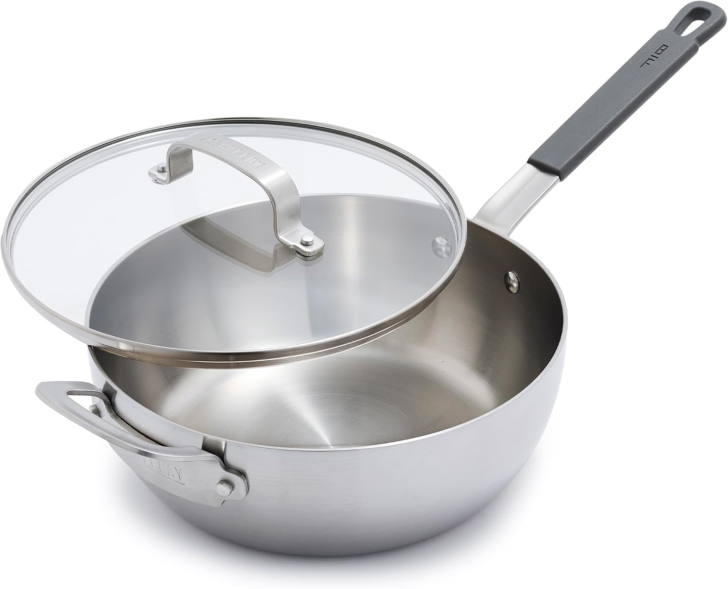 GreenPan x Bobby Flay Stainless Steel 3.75QT Saucepan & Glass Lid, Professional Grade Tri-Ply Chefs Pan, Multiclad, Induction Suitable, Dishwasher & Oven Safe, Stay Cool Silicone Handle,Chip Free Rims