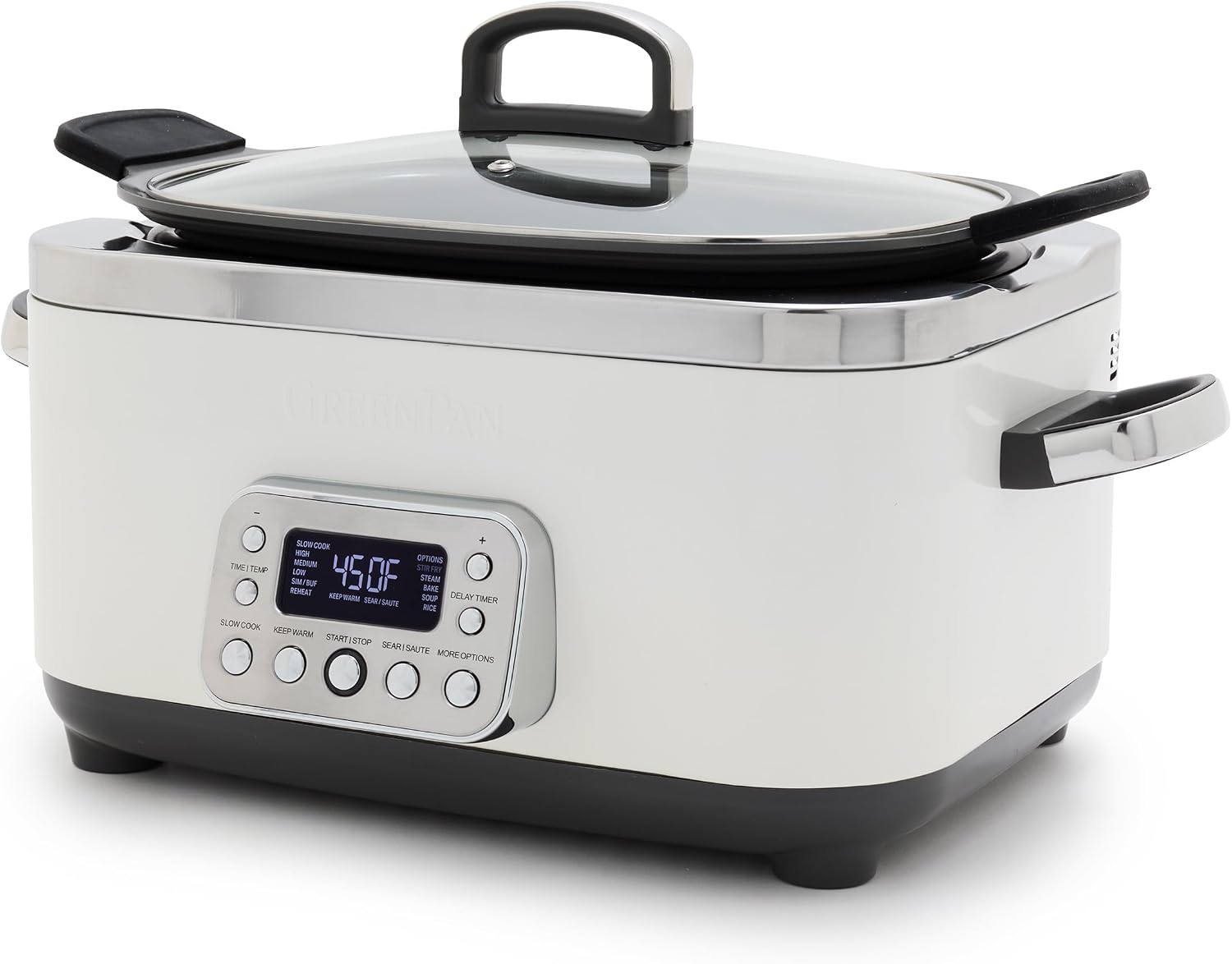 GreenPan Elite 14-in-1 Nonstick 6QT Electric Slow Cooker, PFAS-Free Ceramic Multi-Cooker, In-Pot Browning, Dishwasher Safe Lid & Removable Crock, Stainless Steel Steamer, Silicone Handles, White Cream White