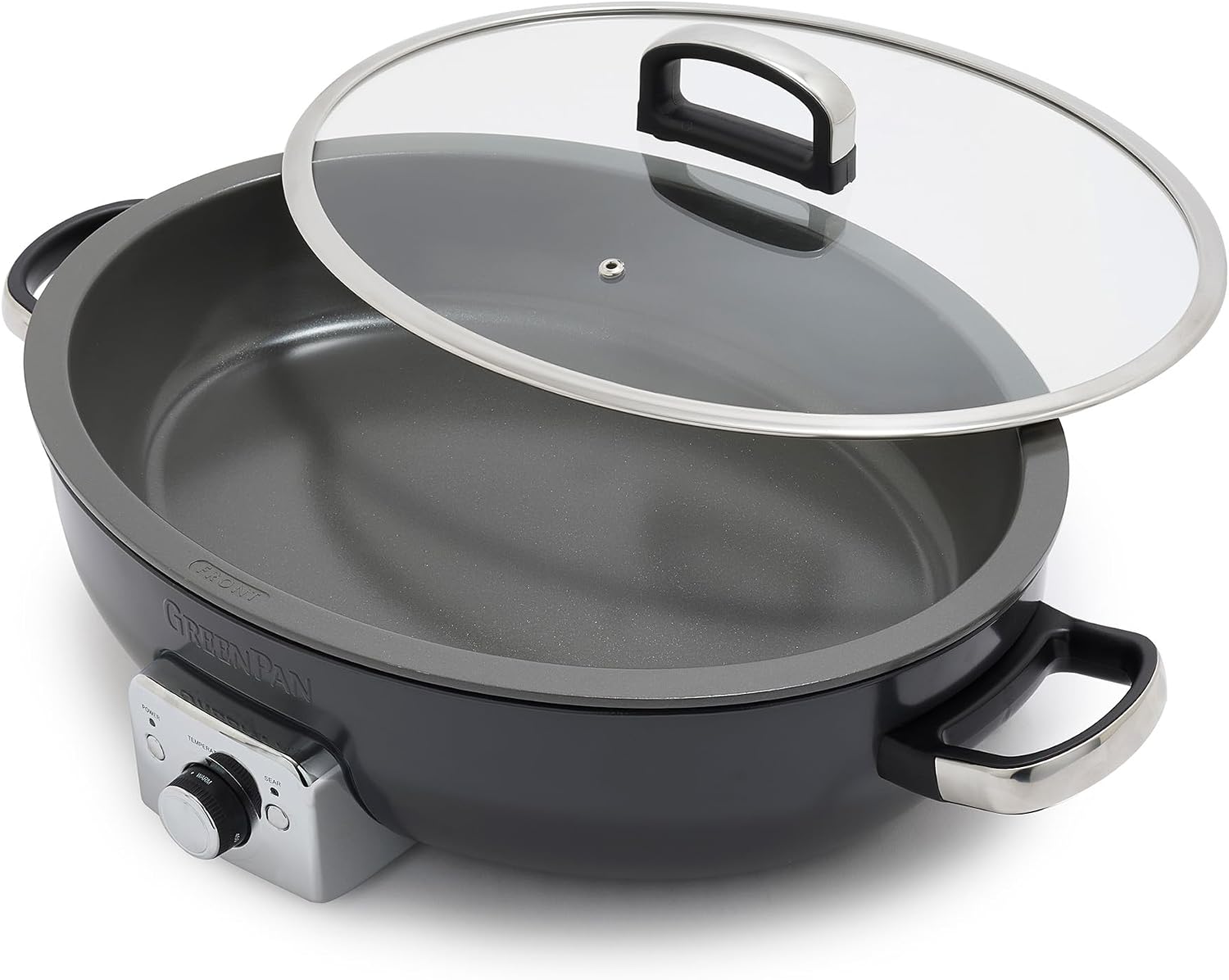 GreenPan Elite 5.5QT Electric Oval Skillet, PFAS-Free Ceramic Nonstick, 1800 Watt, Dishwasher Safe Lid & Removable Crock, Adjustable Temp Control, Multi-Cooker, Sear, Sauté, Rice, Stir-Fry, Black Gray