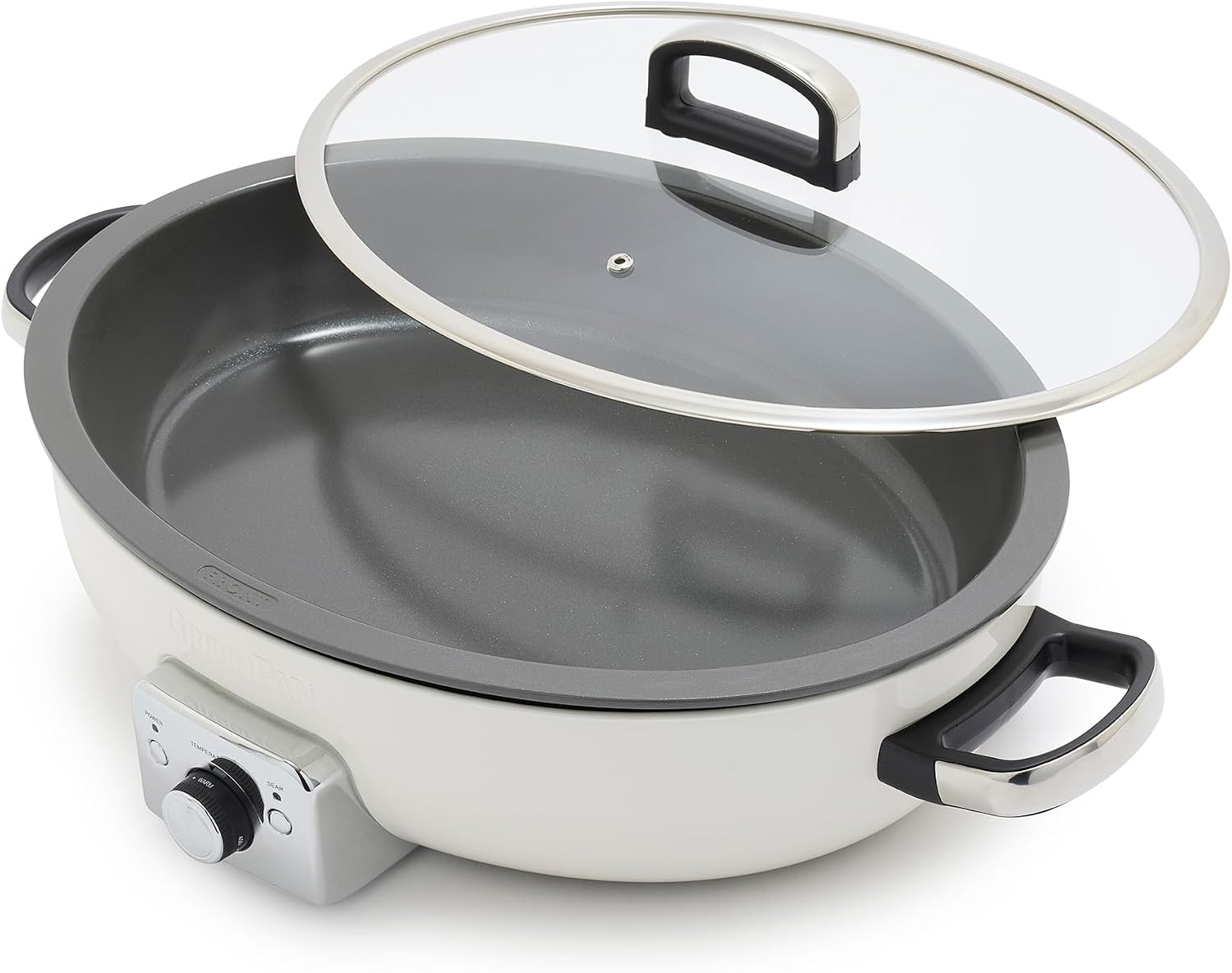 GreenPan Elite 5.5QT Electric Oval Skillet, PFAS-Free Ceramic Nonstick, 1800 Watt, Dishwasher Safe Lid & Removable Crock, Adjustable Temp Control Multi-Cooker, Sear, Sauté, Rice, Stir-Fry, Cream White