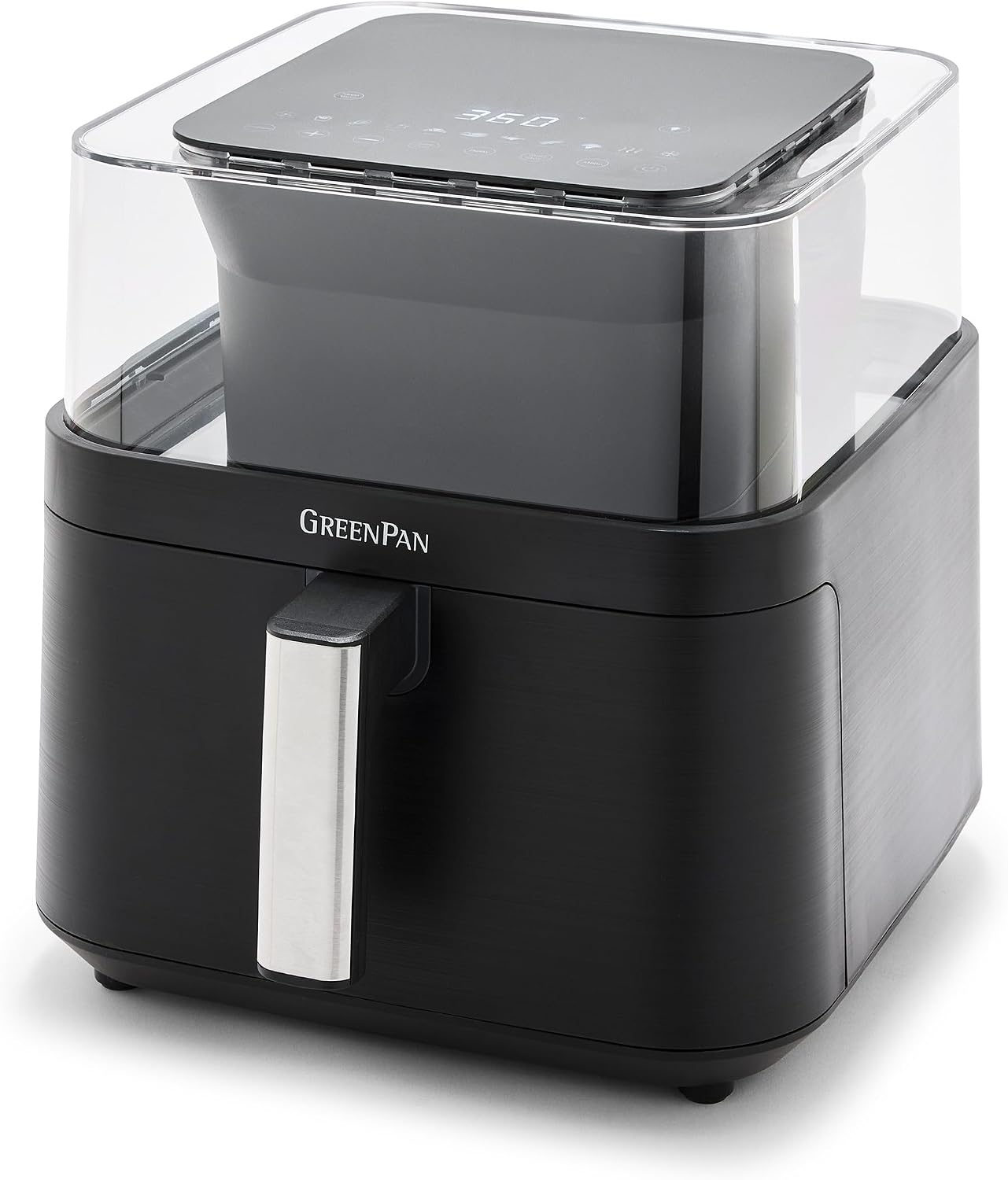 GreenPan Clearview Extra Large 7QT Air Fryer, 360° Clear Window, PFAS-Free Ceramic Nonstick Drawer and Tray, Heat to 400°F, 13-Presets, Shake Reminder, Keep Warm, Delay Start, Dishwasher Safe Parts Black