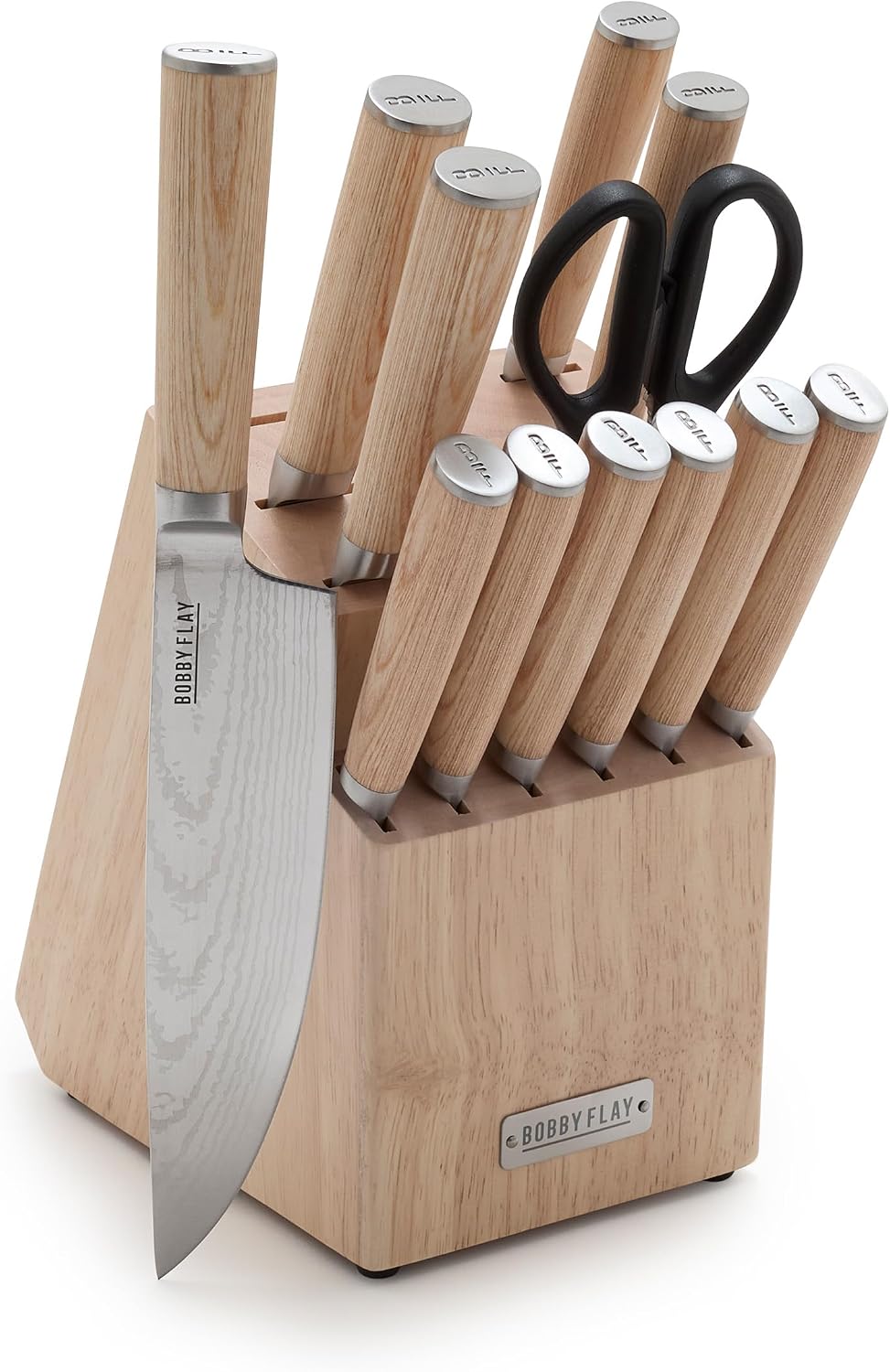 GreenPan x Bobby Flay 13 Piece Stainless Steel Cutlery Kitchen Knife Block Set, Premium Stainless Steel Blades, Acacia Wood Knife Block, Hand Finished Ergonomic Wood Handle, Damascus Steel Design Light Brown